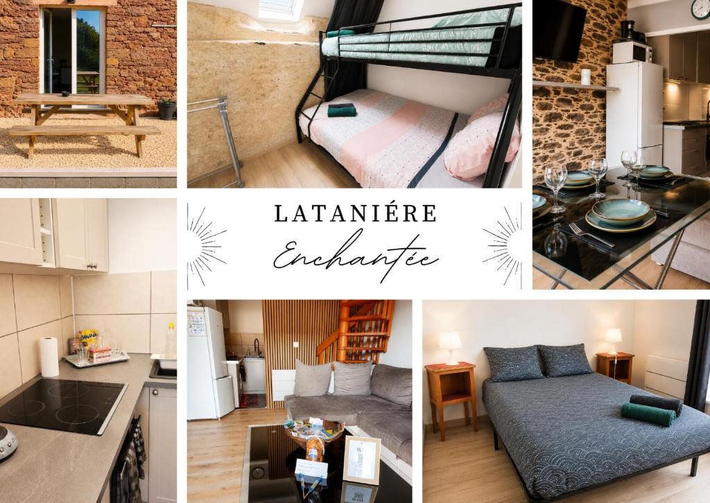 a collage of photos of a tiny apartment at La Tanière Enchantée de Tréhorenteuc • Brocéliande in Tréhorenteuc