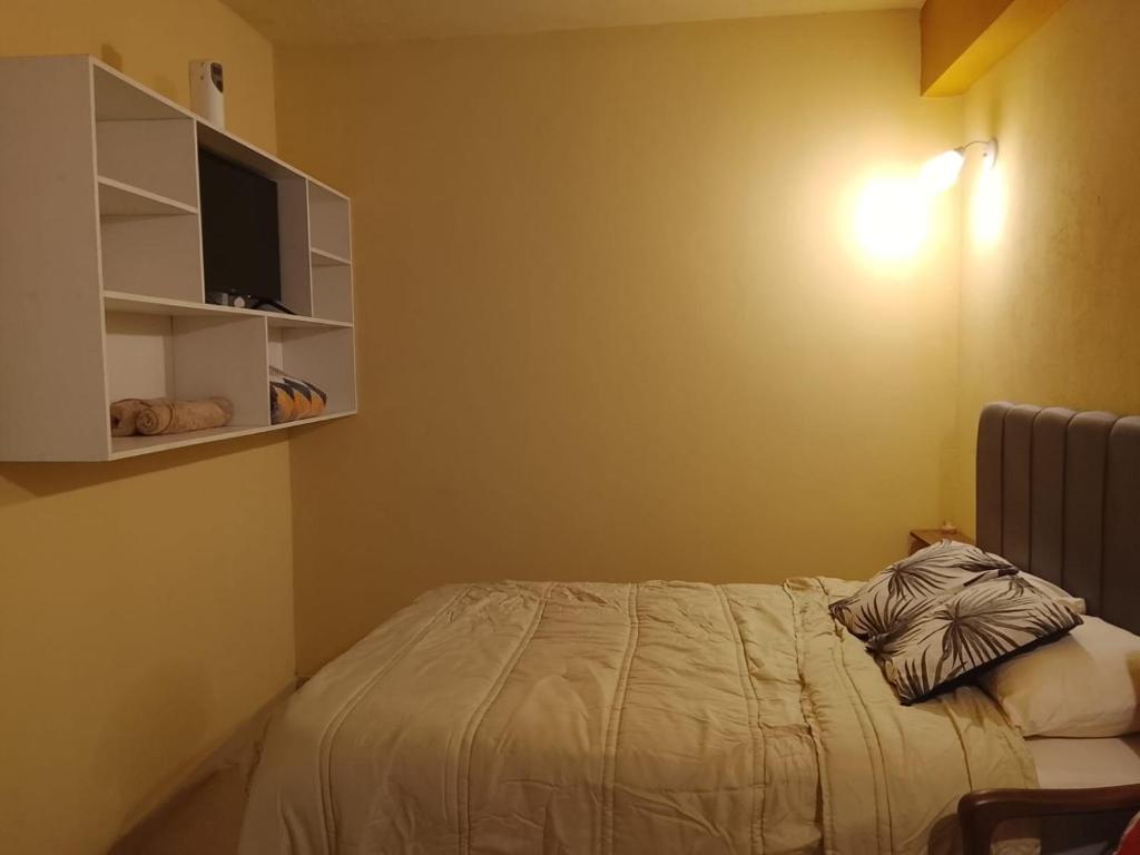 a bedroom with a bed and a tv on the wall at Mi Hábitat Lambaré - Habitaciones con Baño Privado, Cocina y Comedor equipados con electrodomésticos, con Quincho al Aire Libre in Asunción