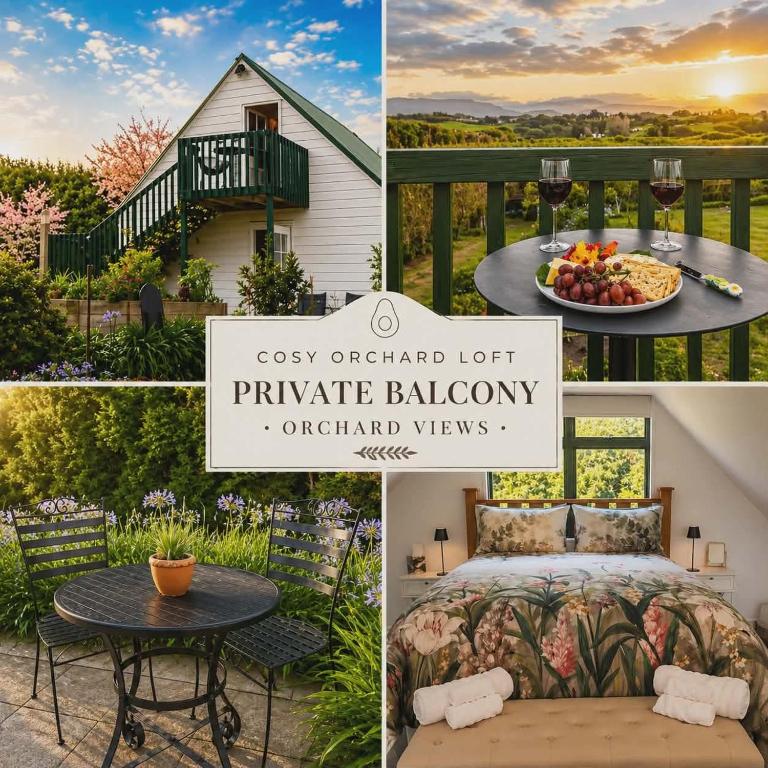 a collage of photos with a house and a table and a bed at Cosy Orchard Loft - Fast WIFI in Tauranga