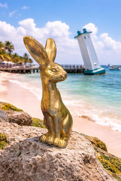 a bronze statue of a rabbit sitting on a rock near the beach at Casa del Conejo in Puerto Morelos