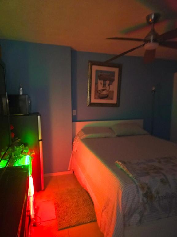 a bedroom with a bed with a green and red light at Healing Minds Home in Miramar