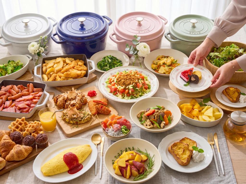 a table filled with plates and bowls of food at Hotel Sobial Osaka Dome in Osaka