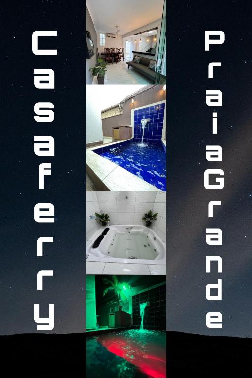 a collage of photos of a room with a tub at Casa Ferry Piscina Privativa e Hidro 300m da Praia in Praia Grande
