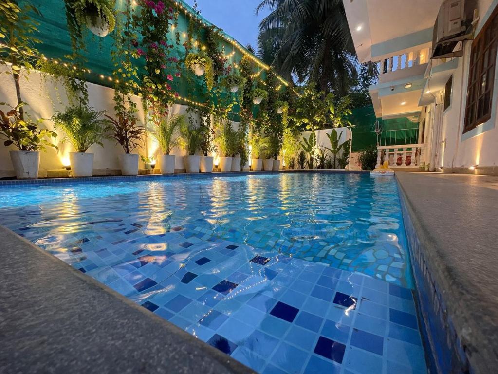 a swimming pool in a building with blue tiles at Hotel White Sand Bache Stay in Aguada