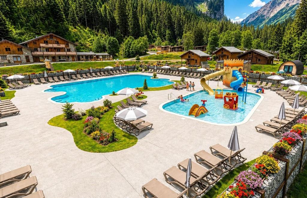 an outdoor swimming pool with a water slide at a resort at Epicéa Lodge Hôtel et Camping in Pralognan-la-Vanoise
