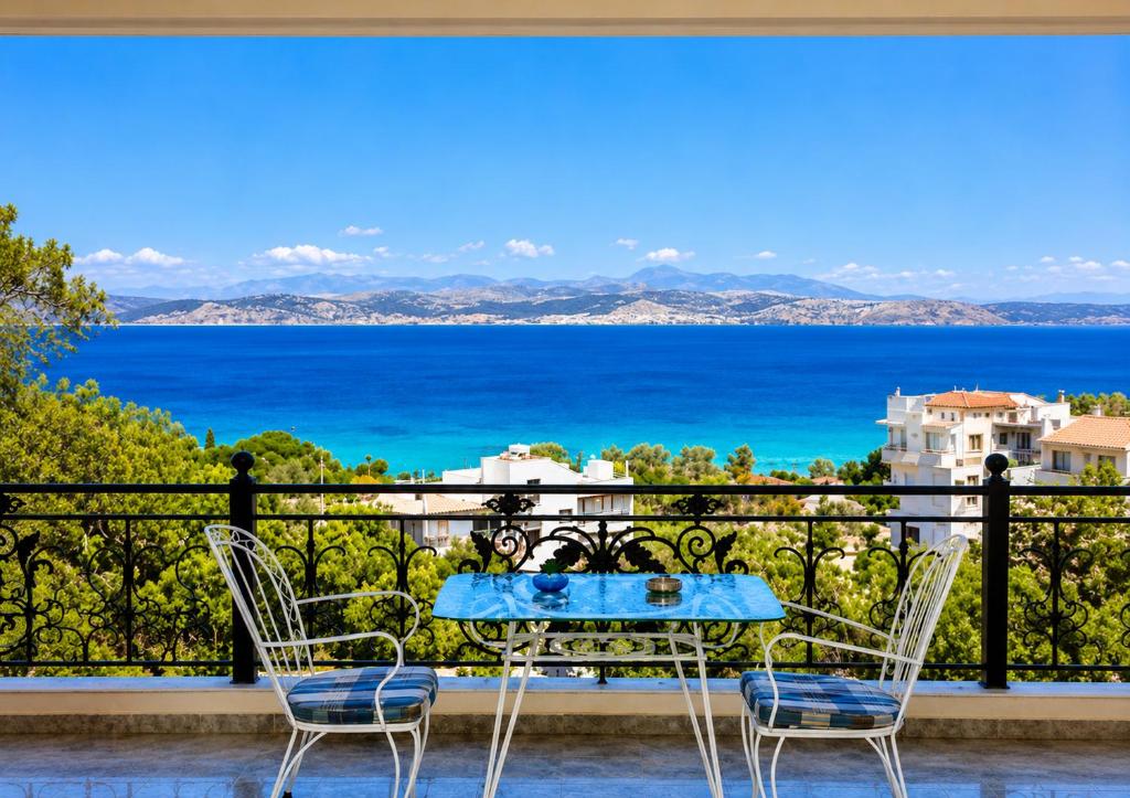 a table and chairs on a balcony with a view of the ocean at Aias Summer House in Aiándion