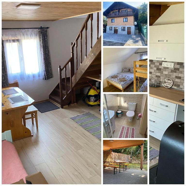 a collage of pictures of a room with a staircase at SKH R, 1 apartment, 2 bedrooms in Praid