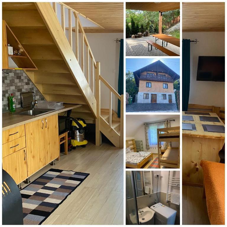 eine Collage aus Bildern einer Küche und einer Treppe in der Unterkunft SKH L , 1 apartment, 2 bedrooms in Praid