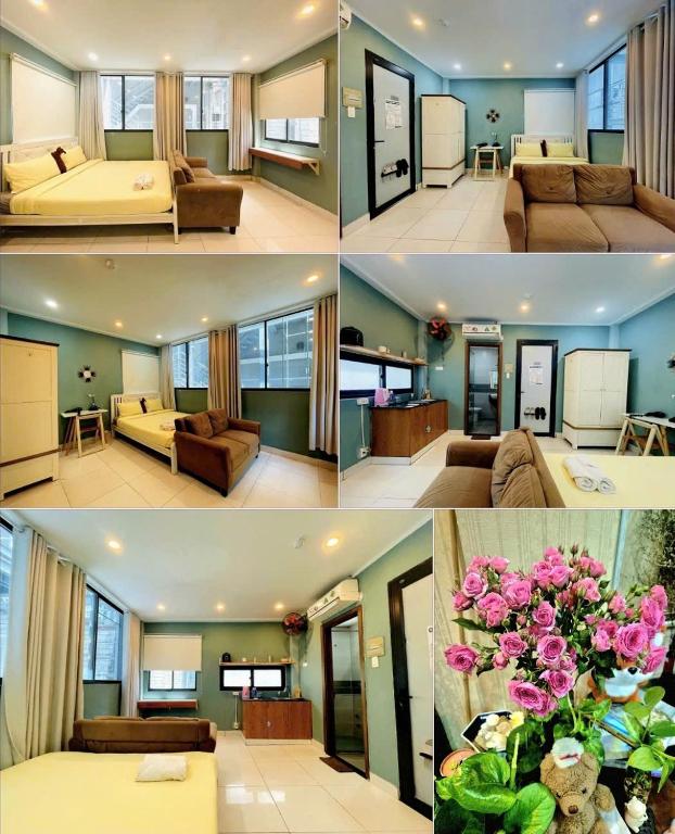 a collage of four pictures of a living room at FF Homestay Evy House in Ho Chi Minh City