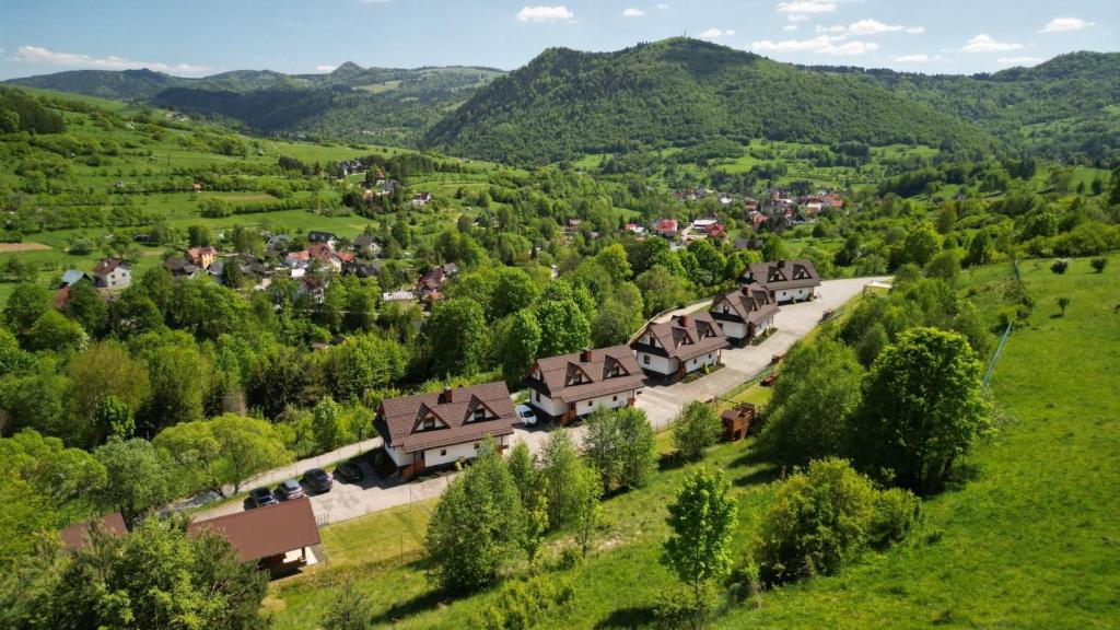 an aerial view of a village in the mountains at Góralskie Domki in Szczawnica