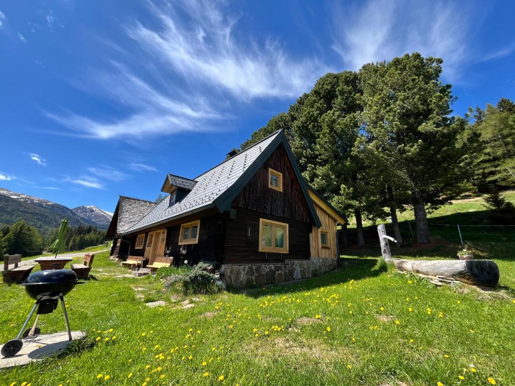 a house in a field with a grill in front of it at Almhütte Ödenhübl in Katschwald