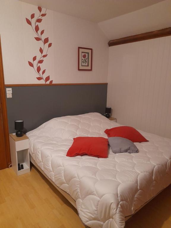 ein weißes Bett mit roten Kissen in einem Schlafzimmer in der Unterkunft Chambre d'hôte 4 personnes in Magnien