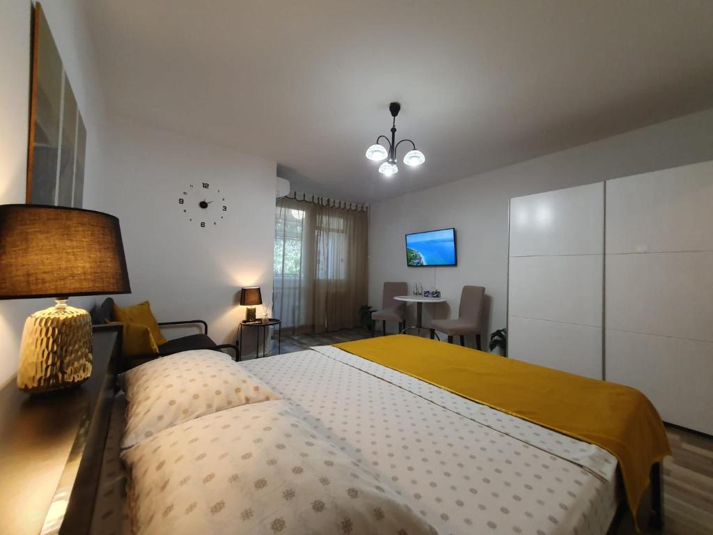 a bedroom with a large bed and a television at City break Park Studio Bucharest in Bucharest