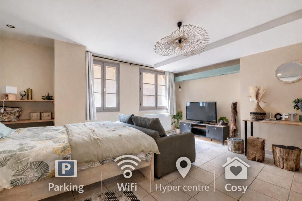 a bedroom with a bed and a couch and a tv at La suite de L'Evêché in Limoges