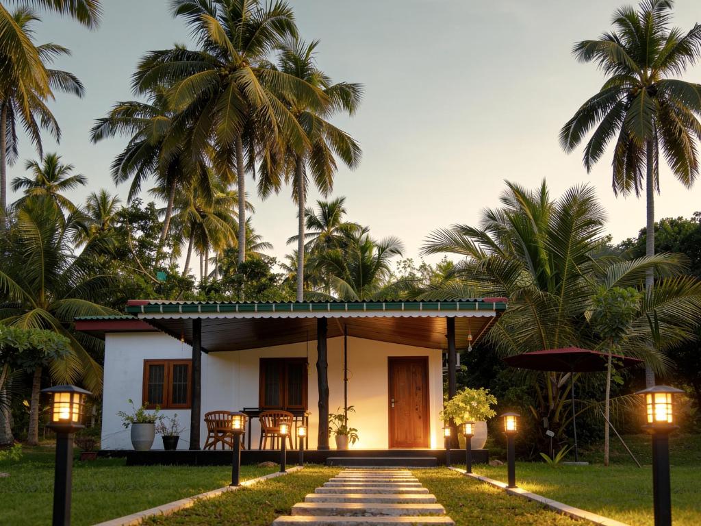 a resort with palm trees and lights in front of it at The Loons Lake Villa in Tangalle