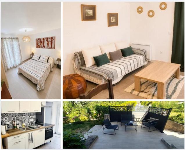 a collage of pictures of a living room with a couch at Entre Terrasses et Restanque - Pierrevert in Pierrevert