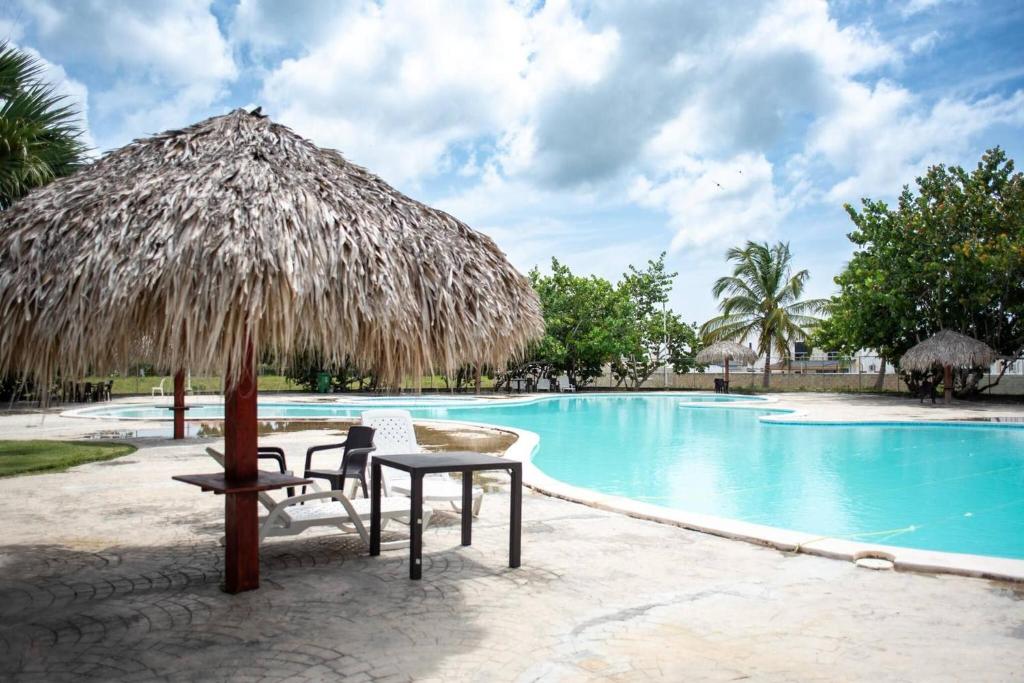a pool with a straw umbrella and chairs and a table at Luxurious Punta Cana House 3 Bedrooms, Shared Pool, BBQ in Punta Cana