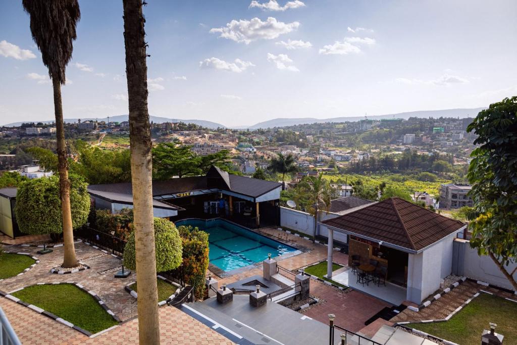 an aerial view of a house with a swimming pool at Poolside View Guest House in Kigali