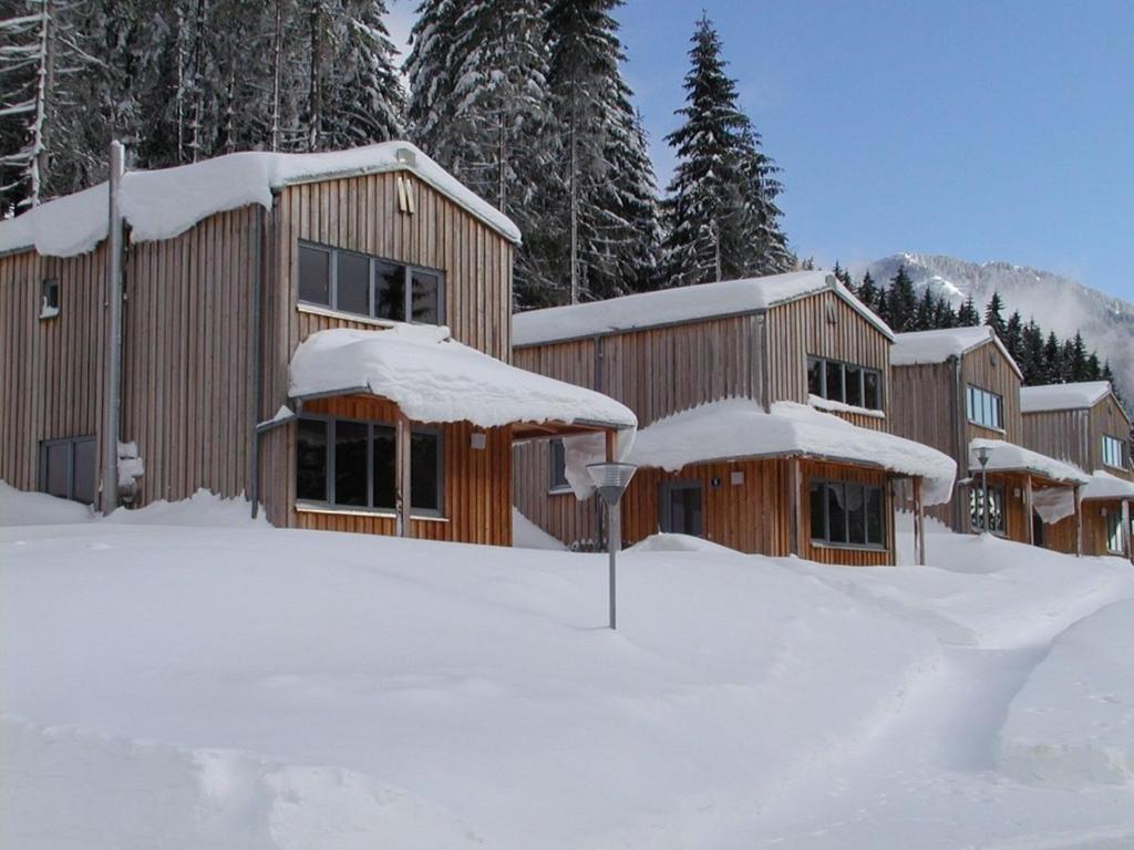 a building covered in snow with a parking meter at Hüttendorf Präbichl 1 in Vordernberg