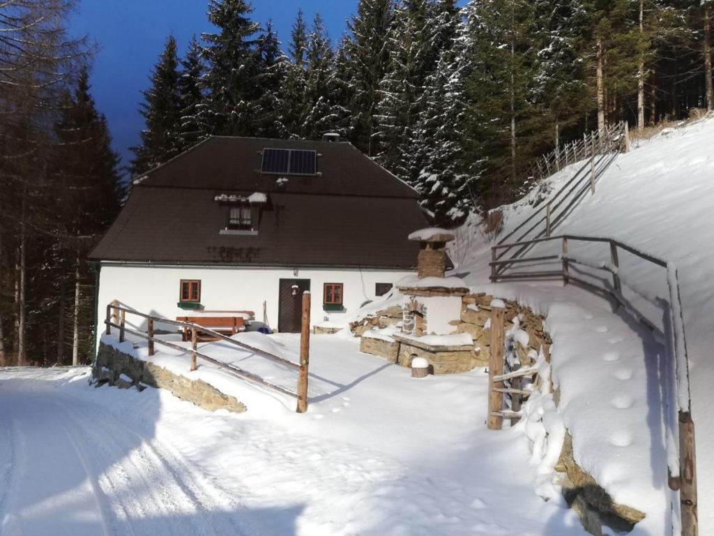 a cabin in the snow with snow covered trees at Ferienhaus Staller Brendl in Sankt Georgen in Obdachegg