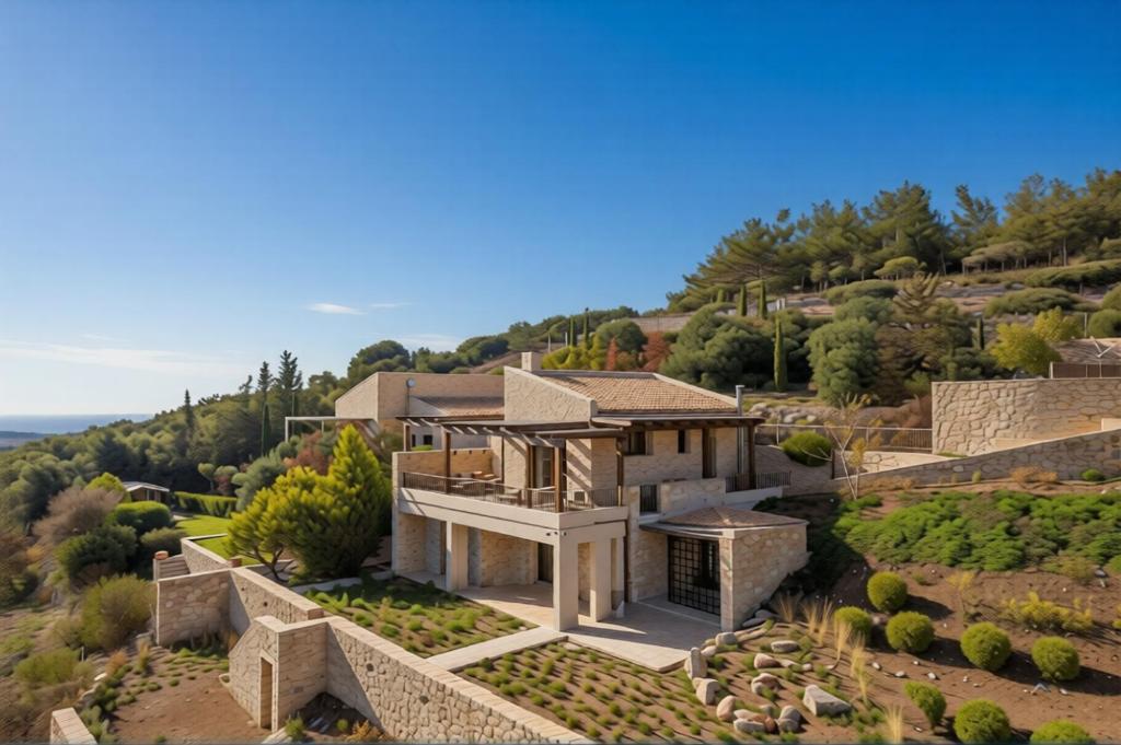 an aerial view of a house on a hill at Forest Within - Wellness Villa in Archanes in Káto Arkhánai