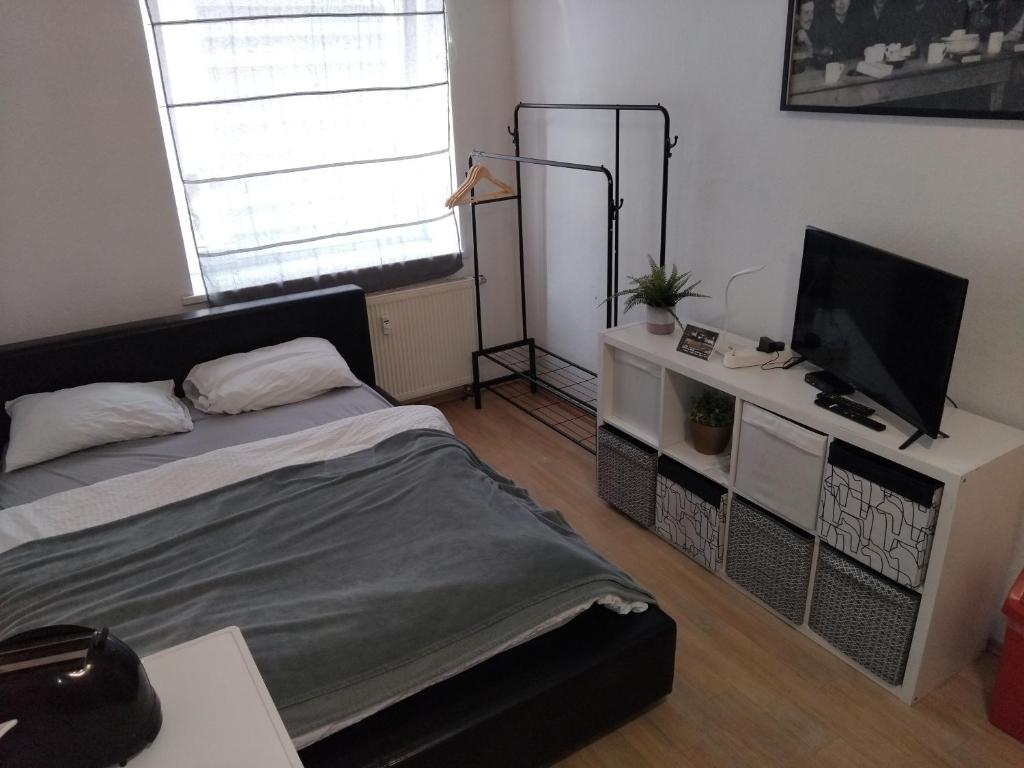 a living room with a bed and a television at Cosy Studio flat in the centre of Colditz in Colditz