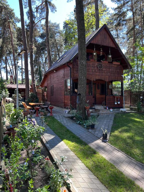 a log cabin with a patio in the yard at Chalet Rustique-Covasna in Covasna