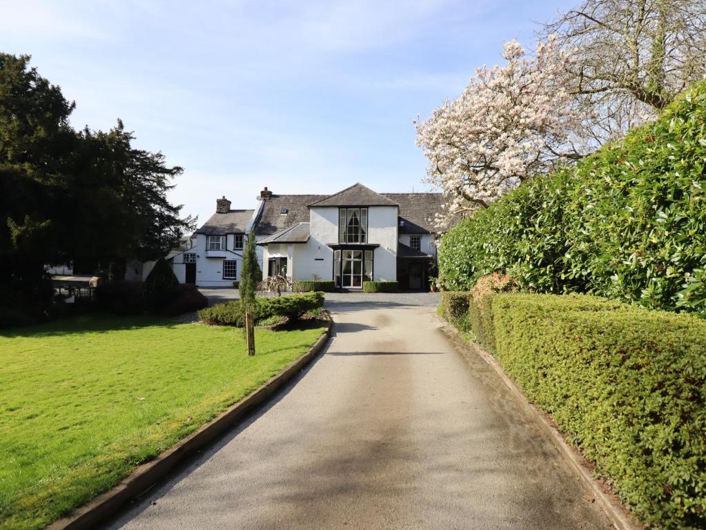 a white house with a driveway in front of it at Plas Dolguog in Machynlleth