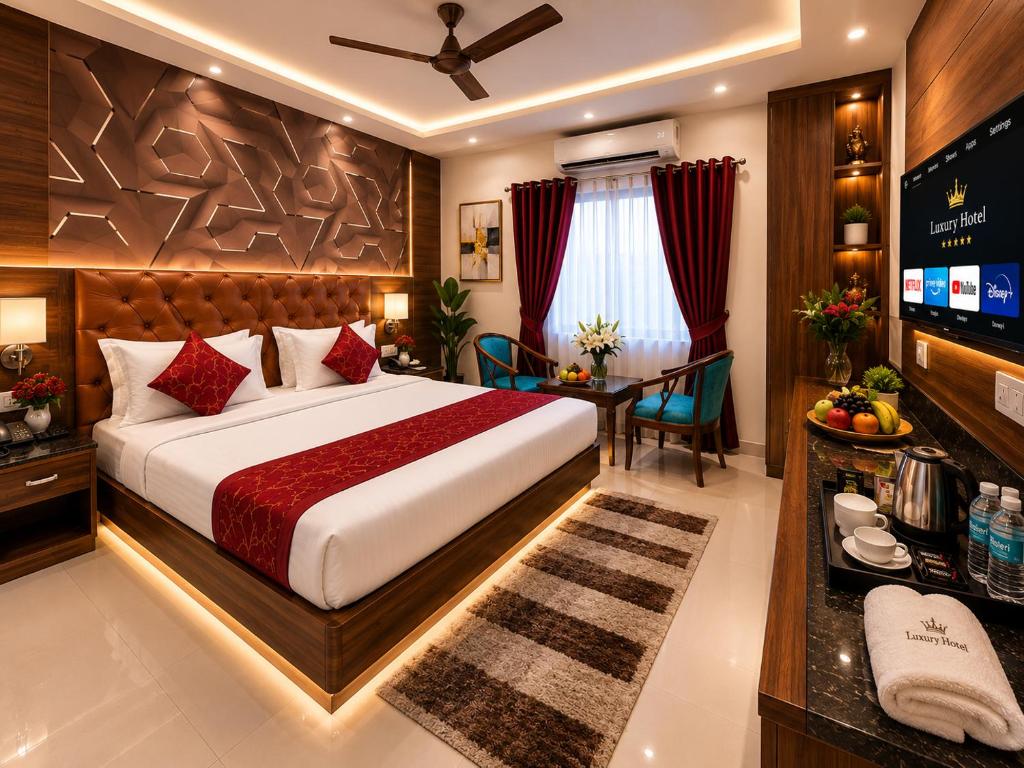 a hotel room with a bed and a television at The Comfort Villa Manage By Bellamount Hotel Free Airport Pick Up & Drop in New Delhi