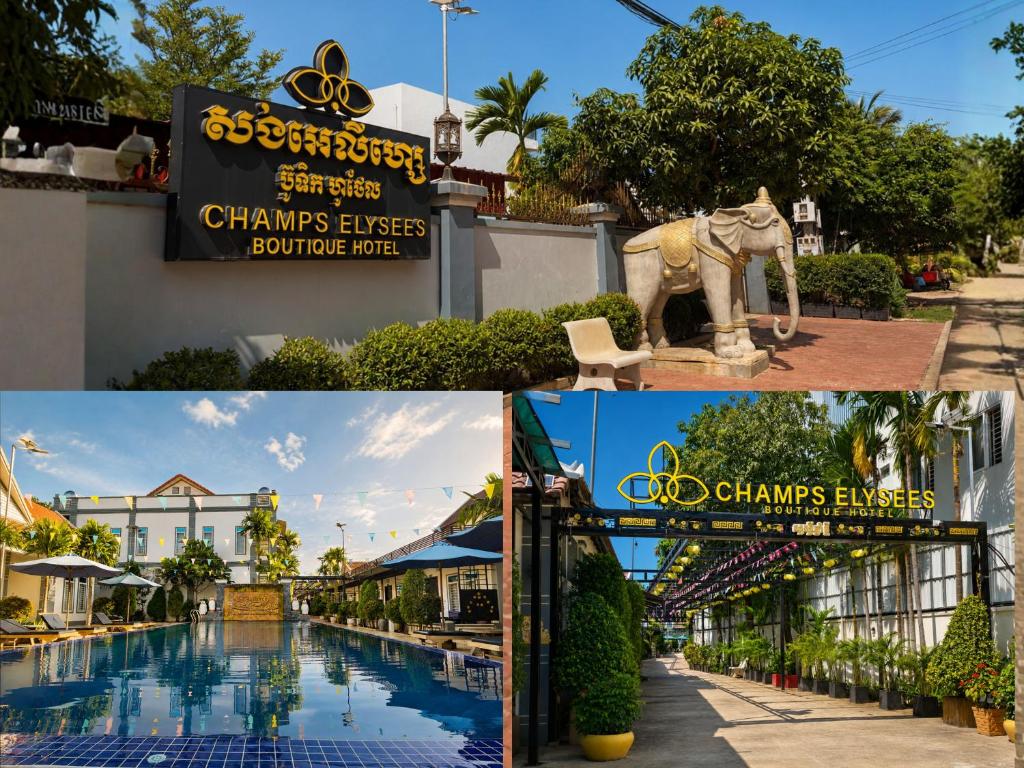a collage of photos of the champs embassy boutique hotel at Champs Elysees Boutique Hotel in Phumĭ Réach Born (2)