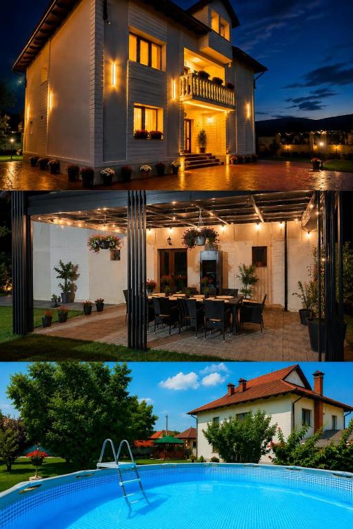 a house with a swimming pool in front of it at Pensiunea Alexia in Novaci-Străini