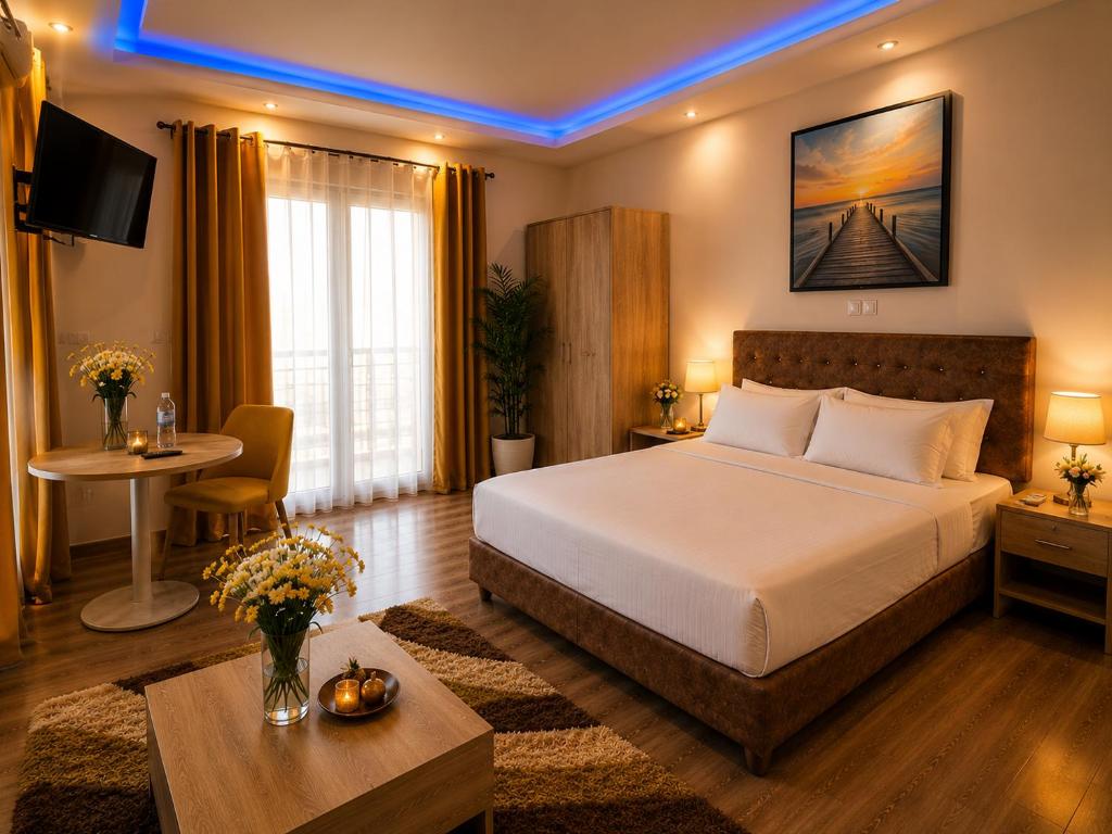 a hotel room with a bed and a table at appartement golf in Bamako