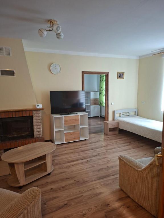a living room with a couch and a television at Apartment Hotel Rubini in Ventspils