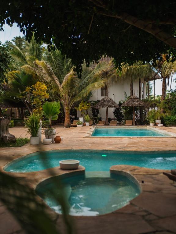 a swimming pool in a yard next to a house at Tamu Tamu Boutique Hotel in Pwani Mchangani