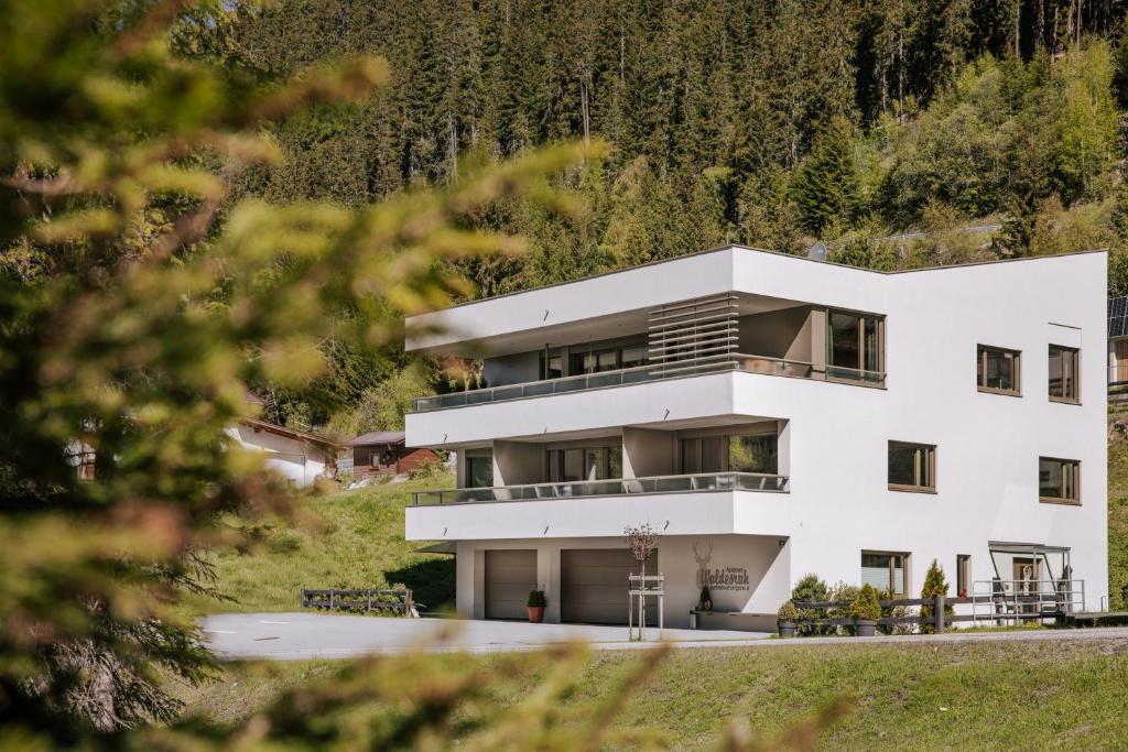 a white building on top of a mountain at Apartment Waldesruh in Oetz