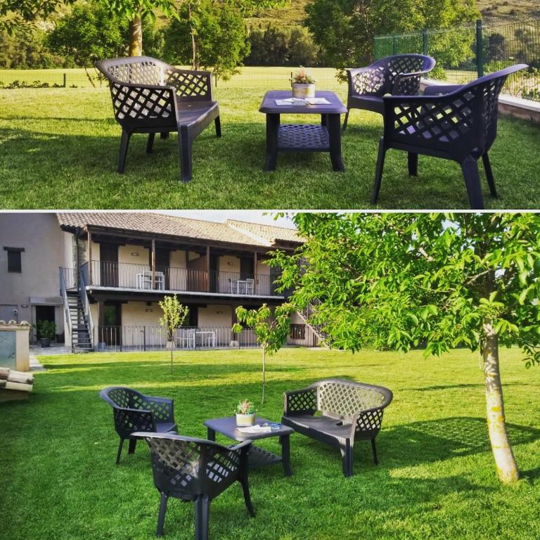 two pictures of a bench and a table in the grass at Casa Otal in Jaca