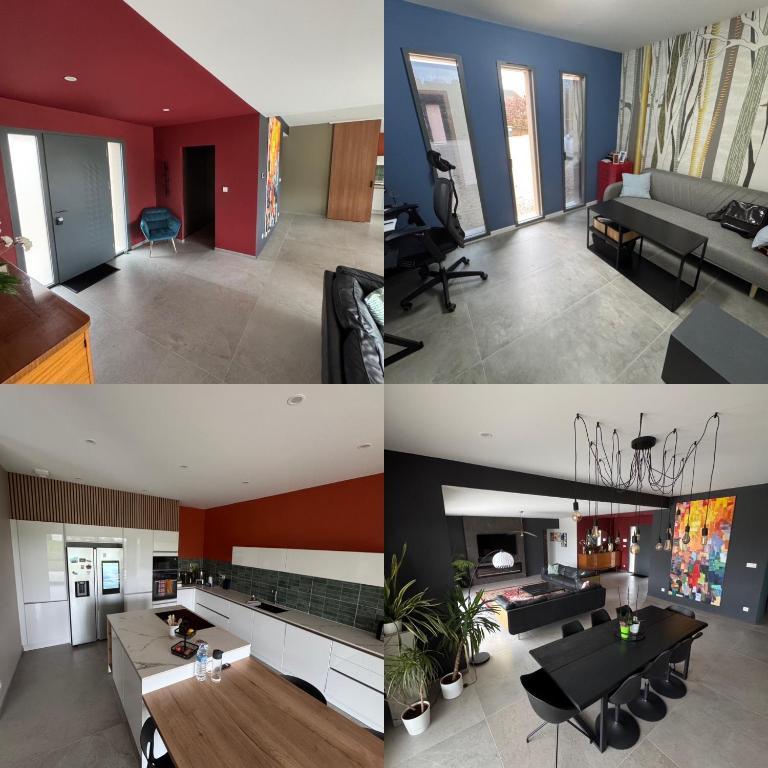 three different views of a living room and a dining room at Villa à Lux in Lux