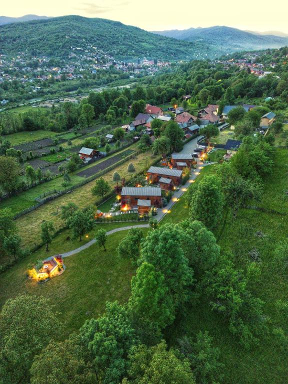 an aerial view of a small village with a town at Nordlys Retreat in Teşila
