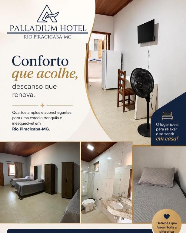 a collage of photos of a room with a bed and a tv at Palladium Hotel in Rio Piracicaba