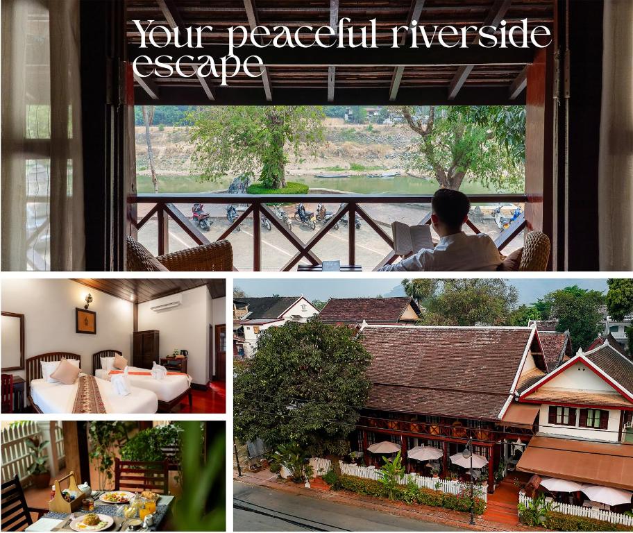 a collage of photos of a house and a man looking out a window at Ban Lakkham River View in Luang Prabang