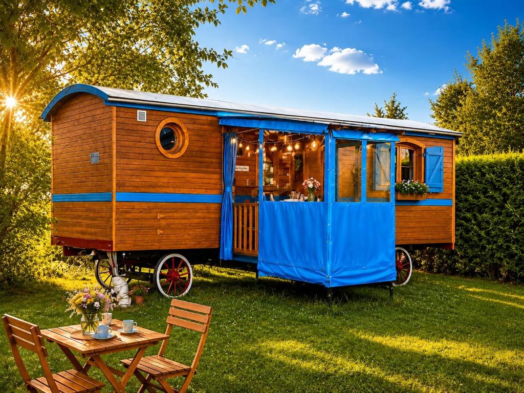 a blue and brown train car parked in a yard at Blue : La Roulotte du Médoc in Naujac-sur-Mer