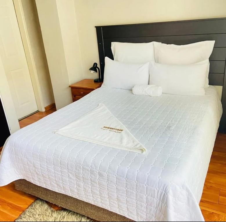 a bed with a white comforter and a robe on it at Boikhutsong Guest House in Maseru