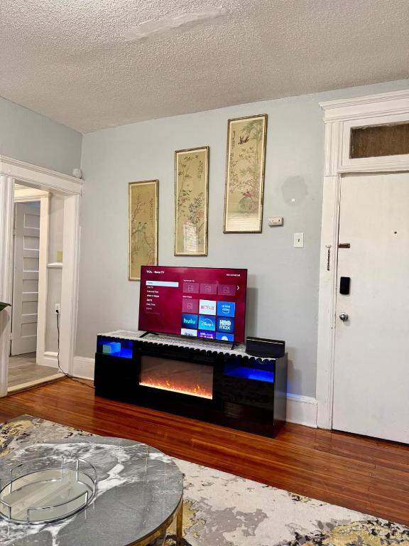 a living room with a tv and a fireplace at Hillside Appartment #2 in Newark