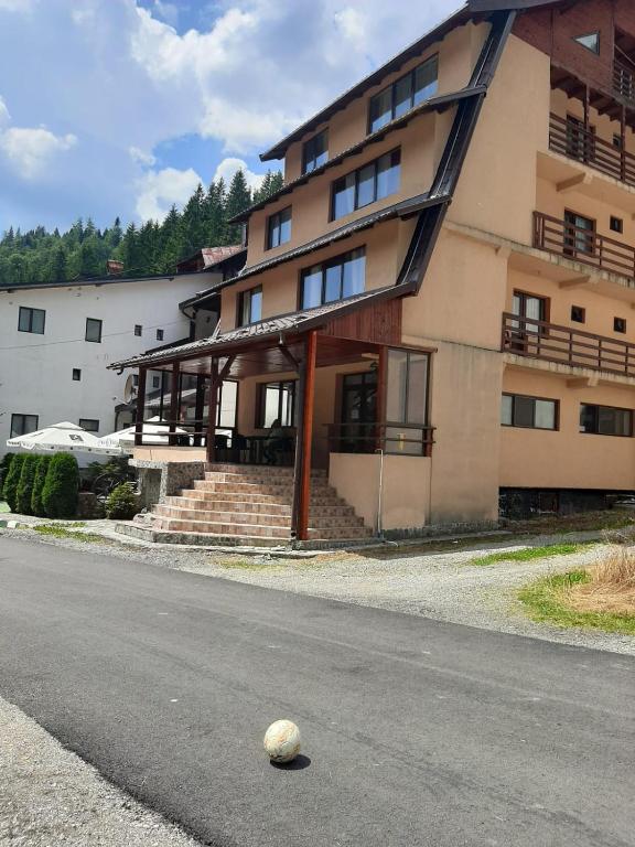 a ball on the road in front of a building at Gutza Family in Cumpăna
