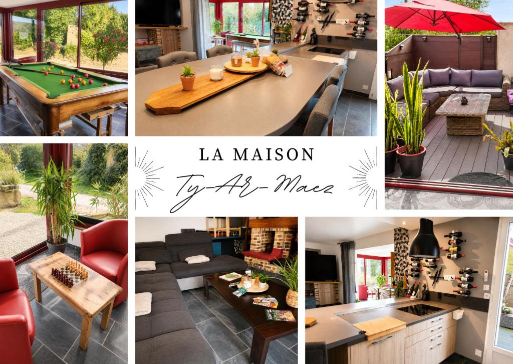 a collage of photos of a house with a pool table at ti ar maez in Mauron
