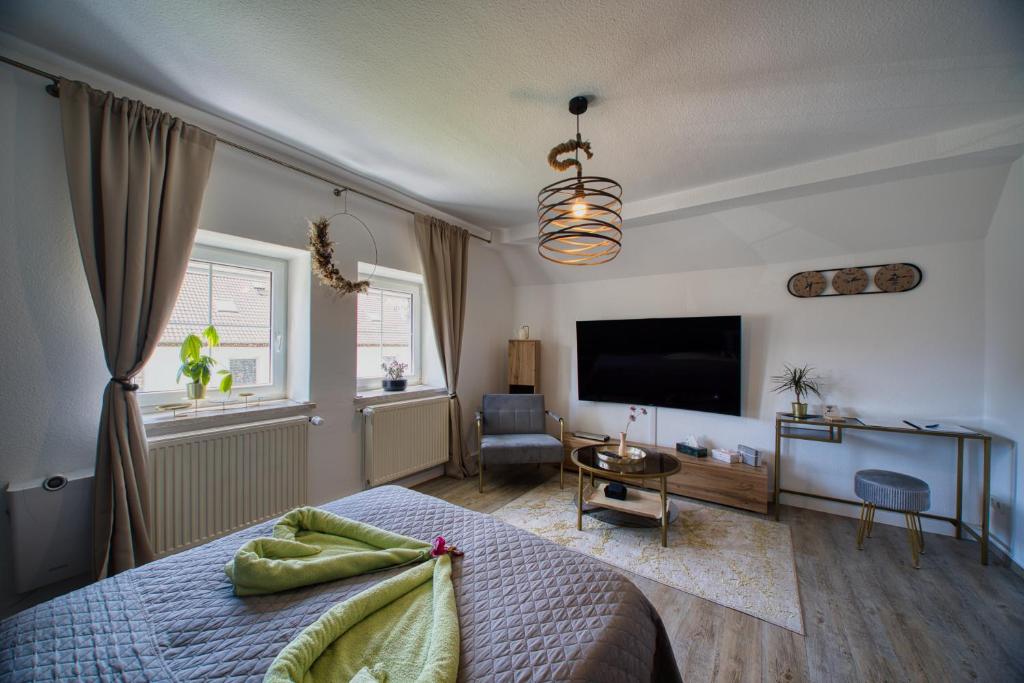 a bedroom with a bed and a flat screen tv at GreenDesign in Schkopau