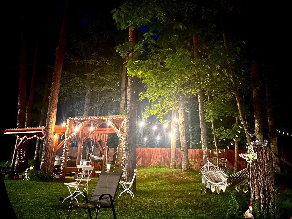 a backyard with a gazebo at night with lights at Leśna Weranda pokoje gościnne FB Leśna Weranda in Ruciane-Nida