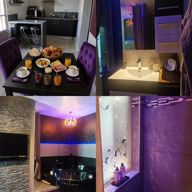 a bathroom with a sink and a table with food at Appartement tout confort avec balnéo et lit king size in Pézenas