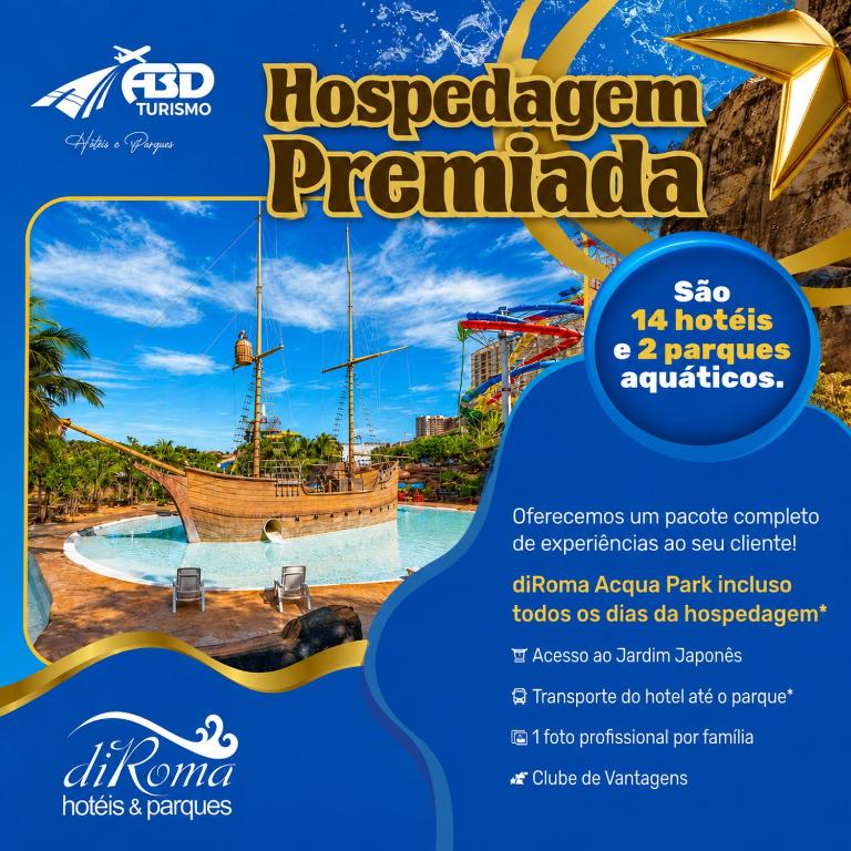a flyer for a water park with a pirate ship at Lacqua diRoma com acesso ao diRoma Acqua Park e Splash in Caldas Novas