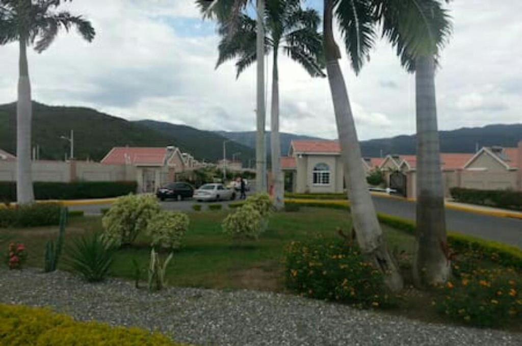 a yard with palm trees and a house with a driveway at Caymanas Estate House in Portmore